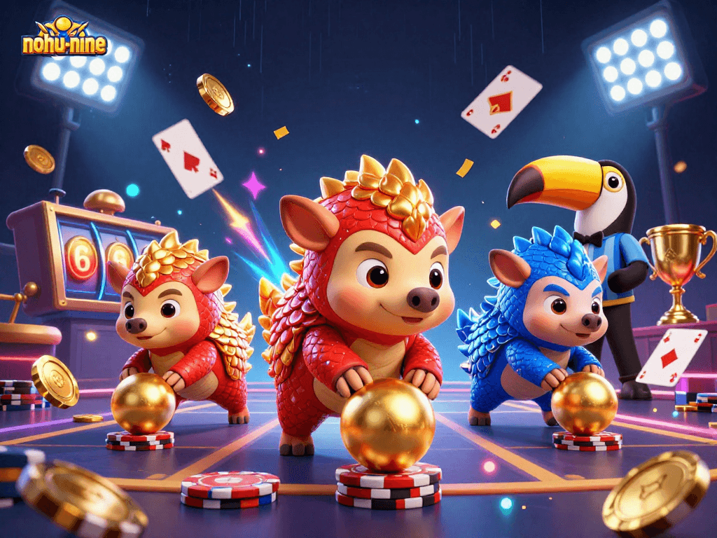 Join the excitement of nohu-nine as rival pangolins engage in a dynamic casino game scene filled with energy.