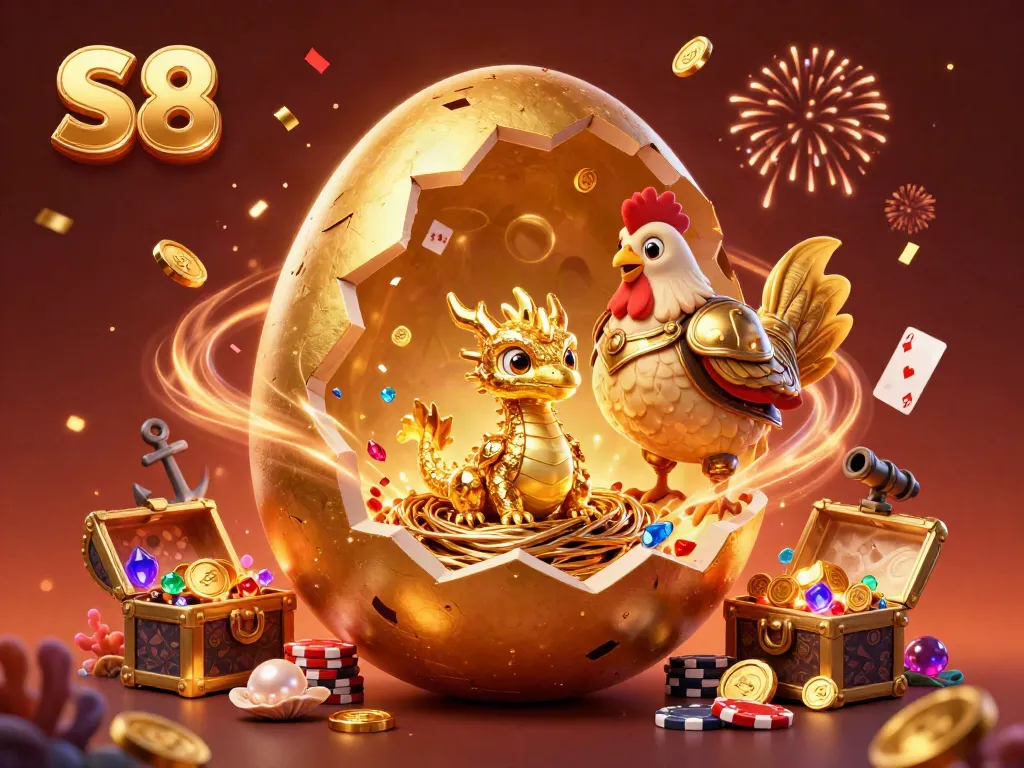 S8 reveals winning strategies with a gold-trimmed baby dragon and poker chips in a vibrant casino scene.