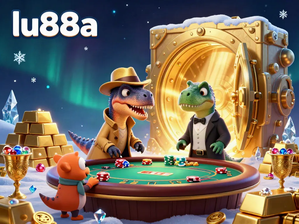 Watch the lu88a velociraptor card counter navigate a blackjack table, surrounded by sparkling gold and gems.
