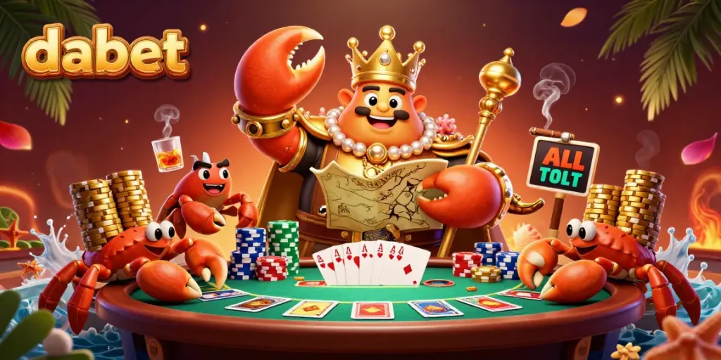 Experience dabet's vibrant casino world with a majestic crab emperor and poker elements in rich detail.