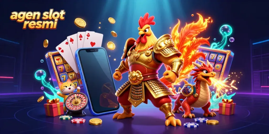 Gambarkan agen slot resmi dengan simbol keberuntungan dan karakter unik dalam permainan slot.