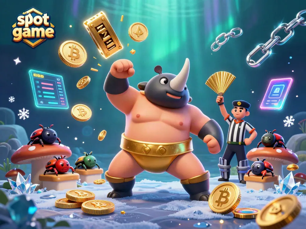 Experience thrilling slot game action featuring our champion beetle surrounded by coins and crypto elements.