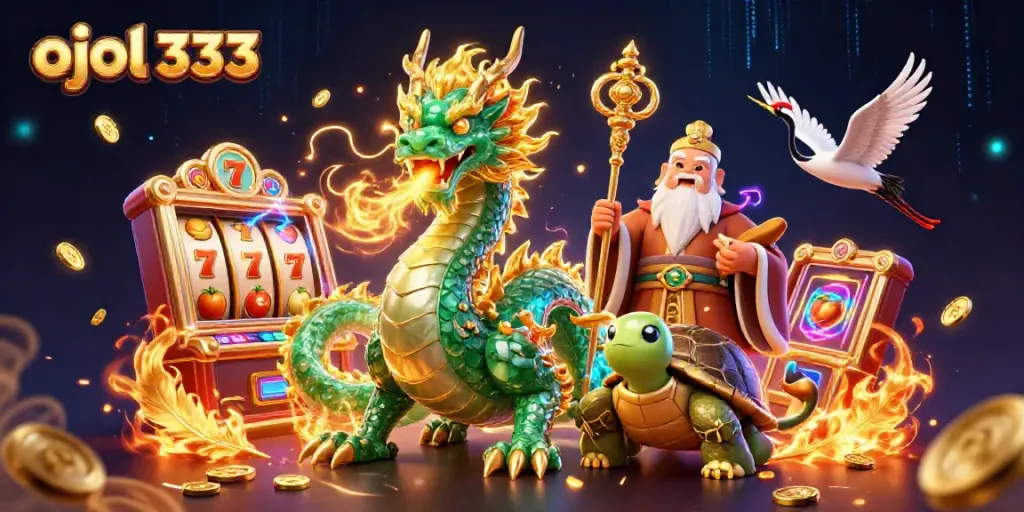 Experience the excitement of ojol 333 with the jade dragon, turtle sage, and lucky cranes in a vibrant casino scene