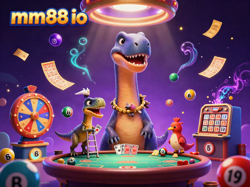 Experience the vibrant world of mm88 io, where a brontosaurus and raptor bring casino fun alive!