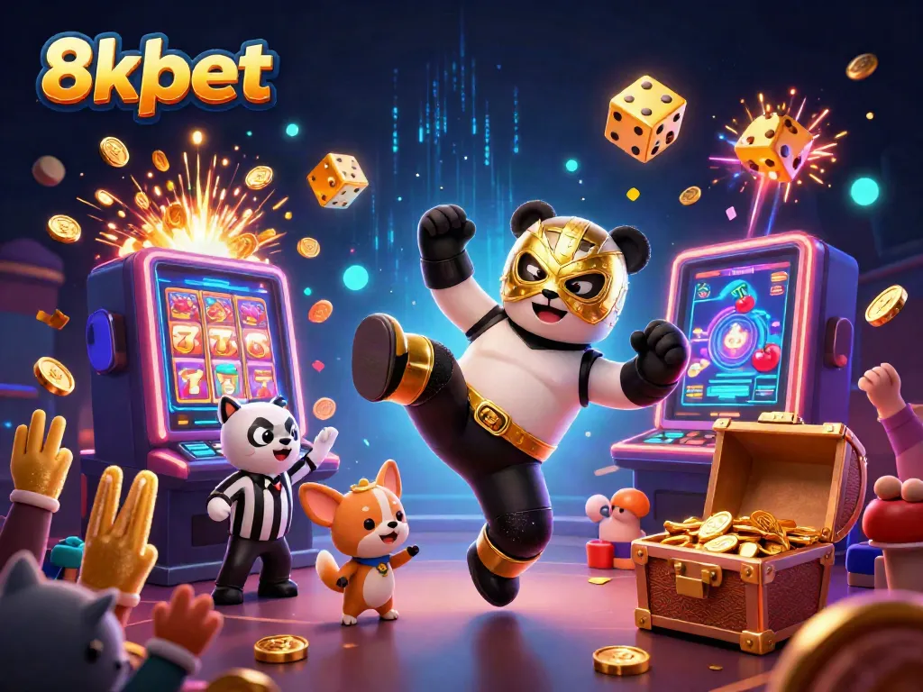 8xbet features a panda doing a flying kick near a slot machine explosion, showcasing thrilling casino action.