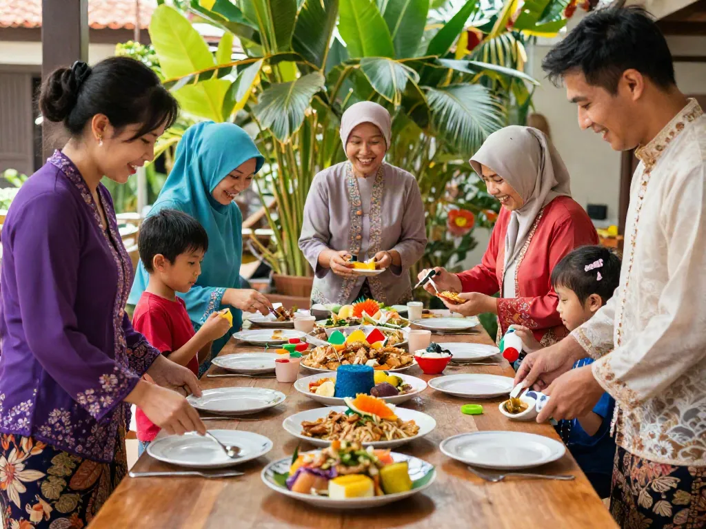 Nyonya 4D family gathering with traditional attire, local dishes, and joyful interactions.