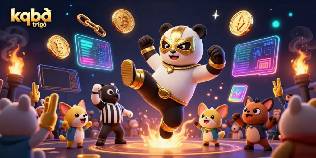Experience the excitement of kqbđ trực tiếp as a panda wrestler kicks, amid a lively crowd with crypto elements.