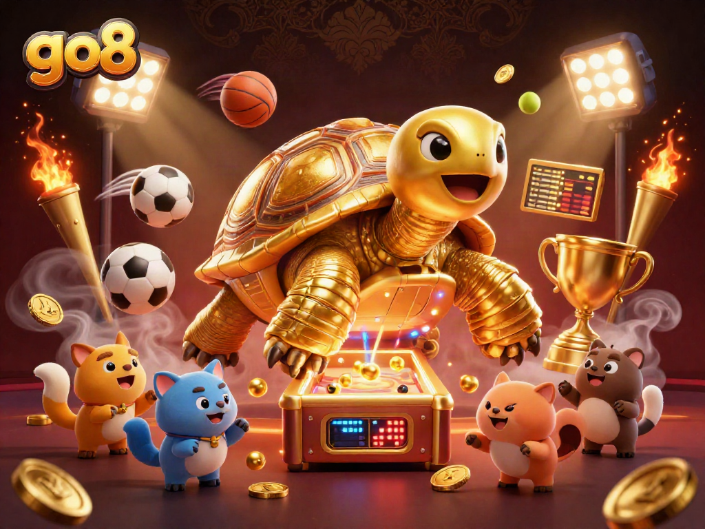 Engage in the go8 gaming experience with a gold tortoise pinball machine and lively sports action.