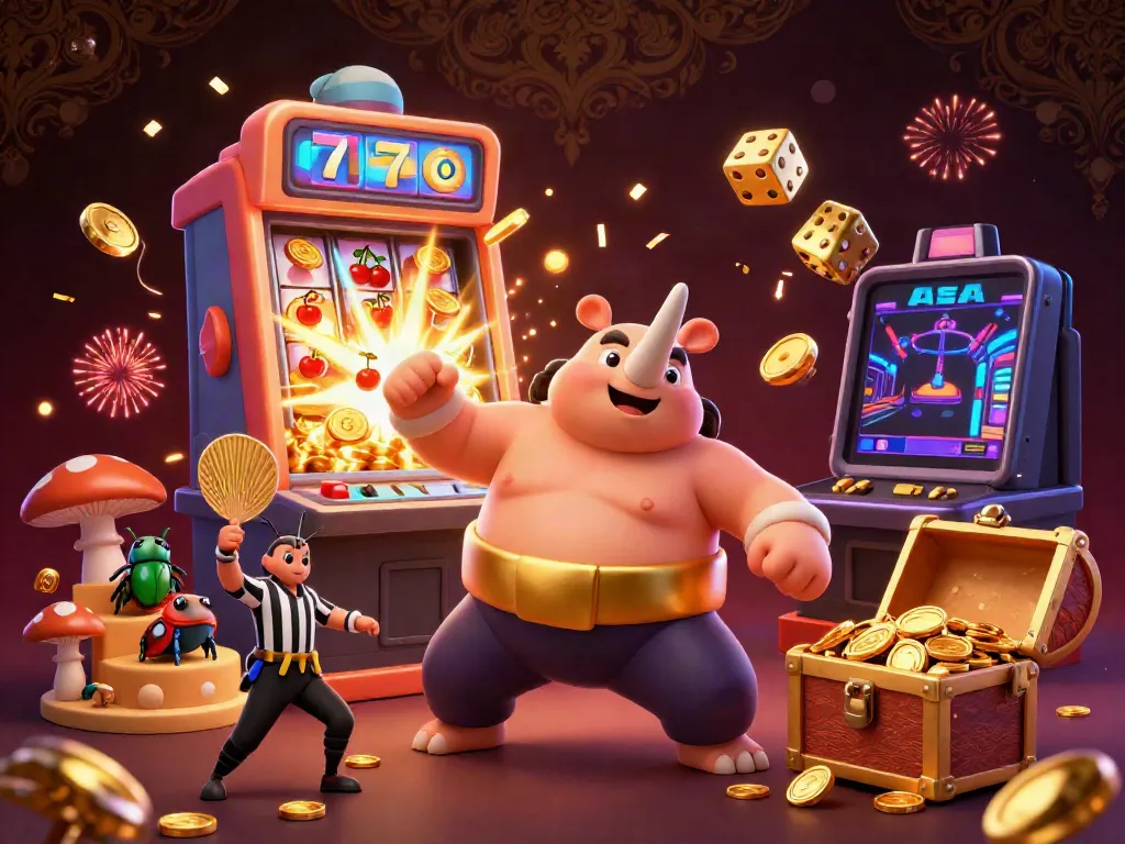 Experience the excitement of slot gacor with a colorful 3D illustration featuring a rhinoceros beetle sumo champion surrounded by casino elements.