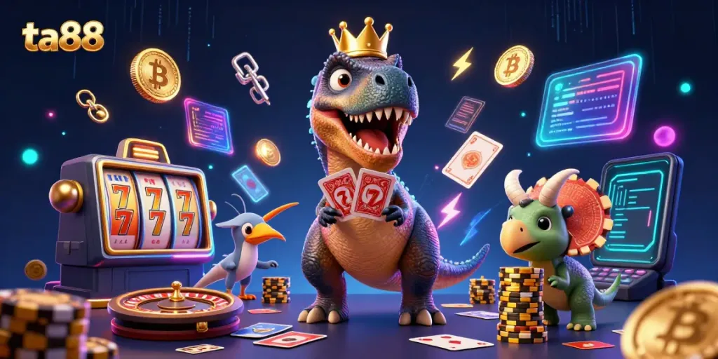 Experience thrilling gameplay at ta88 with a T-Rex dealer, pterodactyl assistant, and colorful casino elements.