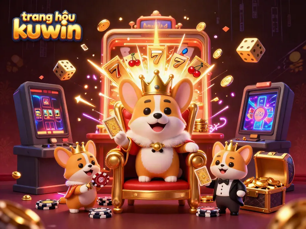 Engage in winning strategies at trang chủ kuwin with a vivid 3D casino scene featuring a royal corgi and exciting jackpot elements.