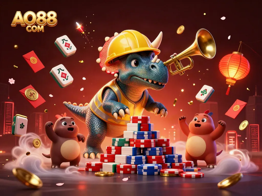 Celebrate wins with AO88 COM: A dynamic 3D casino scene featuring creatures and festive decorations.