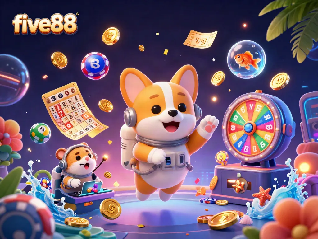 five88 offers thrilling casino action with a vibrant cartoon scene featuring an astronaut corgi, dynamic gaming elements, and an engaging atmosphere.