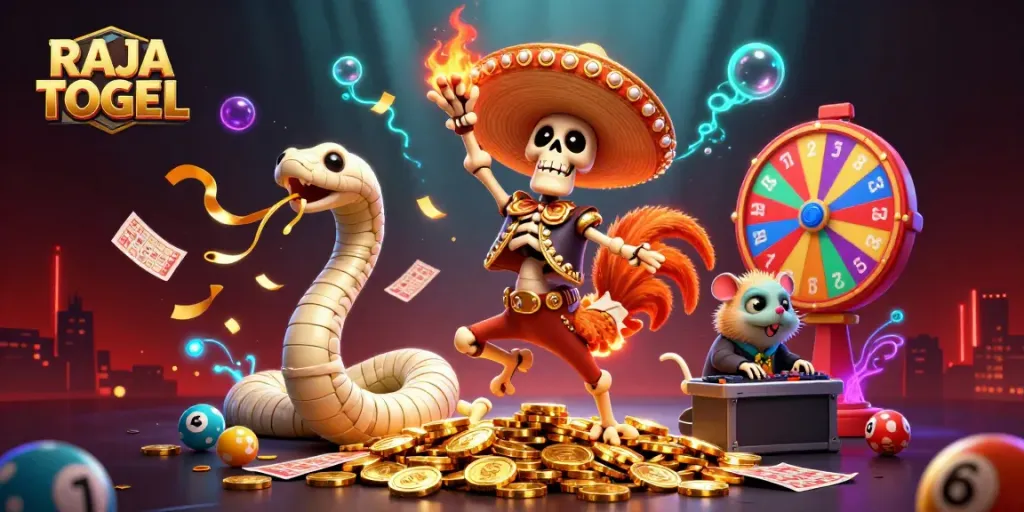 Engaging illustration showcasing RAJA TOGEL with a mariachi rooster, mummy snake, and zombie DJ in a lively casino scene