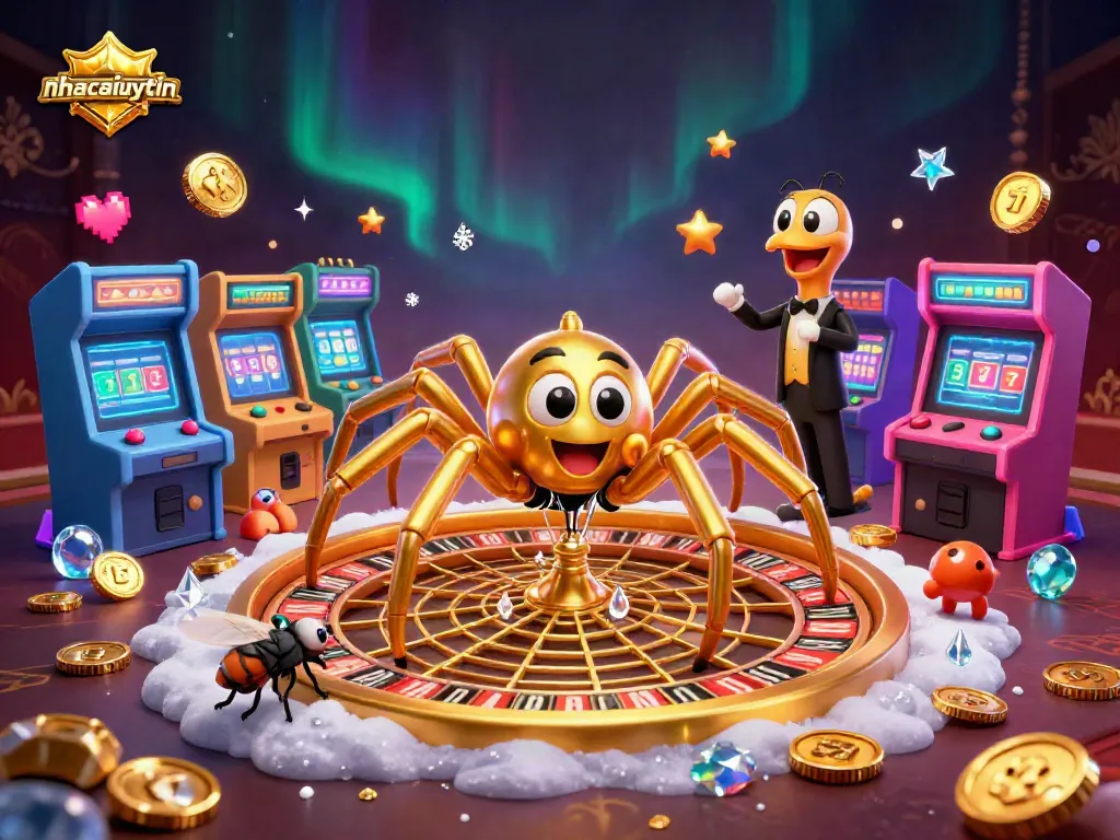 Engage with nhacaiuytin's immersive 3D casino scene featuring animated characters and arcade elements.