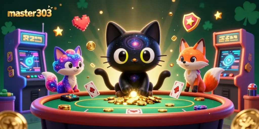 Master303 menghadirkan kucing black hole di kasino kosmik, menarik chip emas dan kartu dari meja