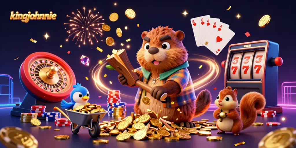 Join the excitement of kingjohnnie casino with a vibrant 3D scene of characters and casino elements!
