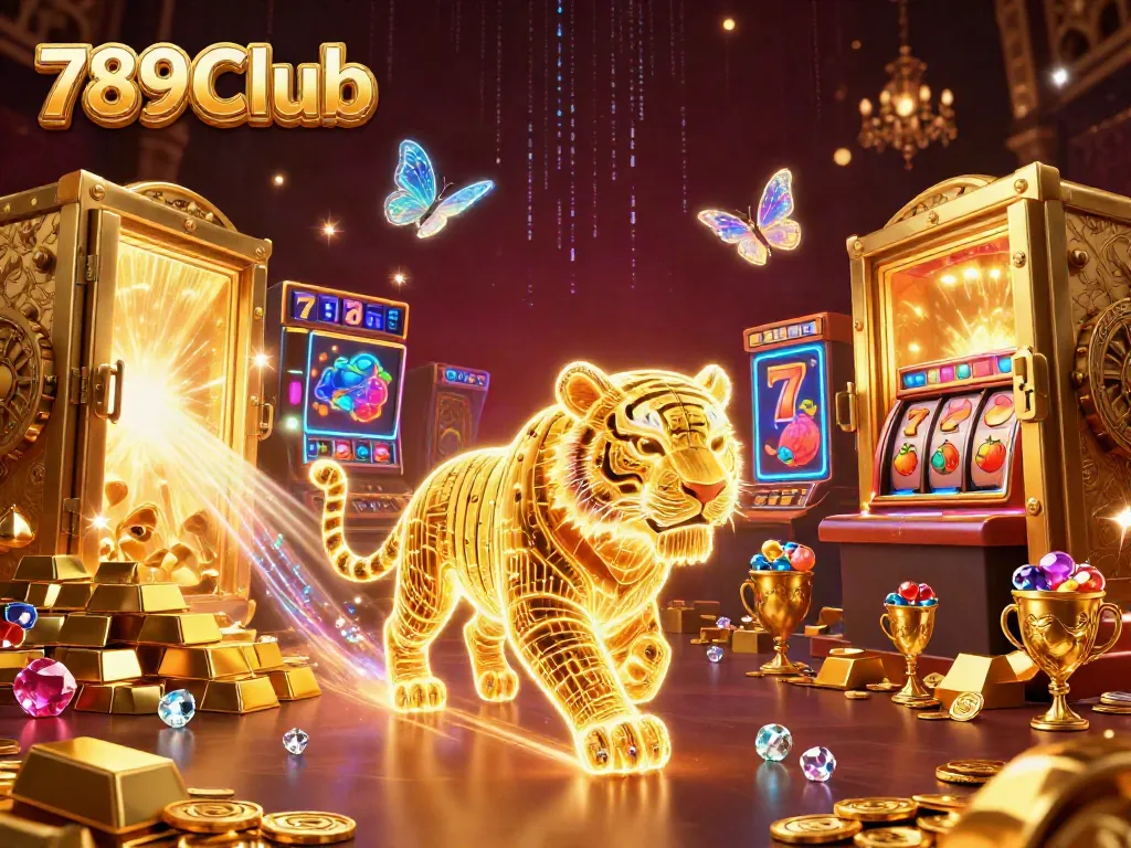 Experience the excitement of 789Club with this vibrant casino scene featuring a neon tiger and slot elements.
