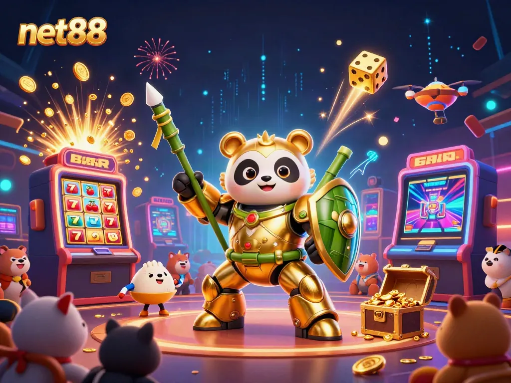 Join the excitement at net88 with captivating casino games and vibrant characters in a dynamic scene.