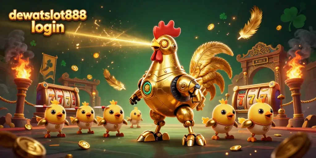 Gambarkan momen login dewataslot888 dengan robot ayam emas yang menunjukkan laser dan drone anak ayam