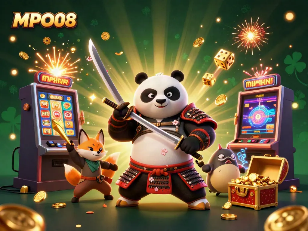 Experience the excitement of MPO08 with a vibrant casino scene featuring a samurai panda and magical elements.