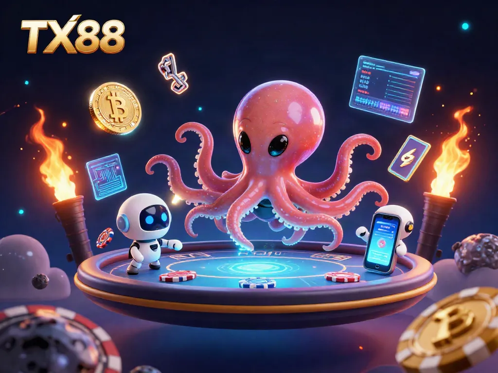 TX88 alien octopus operates holographic poker table amidst crypto coins in dynamic casino scene