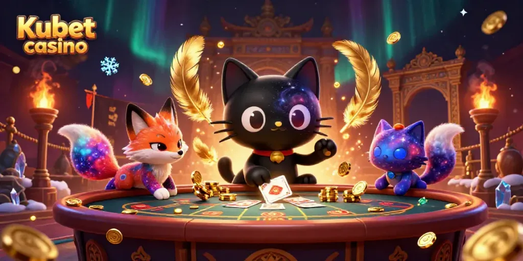 Kubet casino showcases an enchanting cosmic scene with a captivating black hole cat and nebula fox