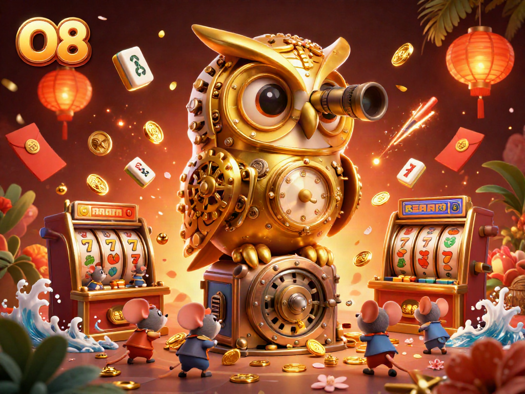 Engage with O8's captivating casino scene featuring a golden owl, wind-up mice, and rich slot elements.