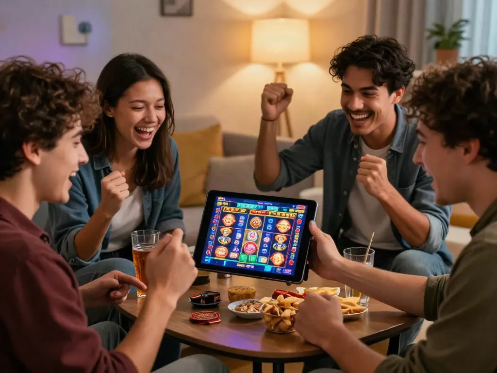 Akunjp online gaming night with friends enjoying vibrant slot games on a tablet amidst a cozy atmosphere.