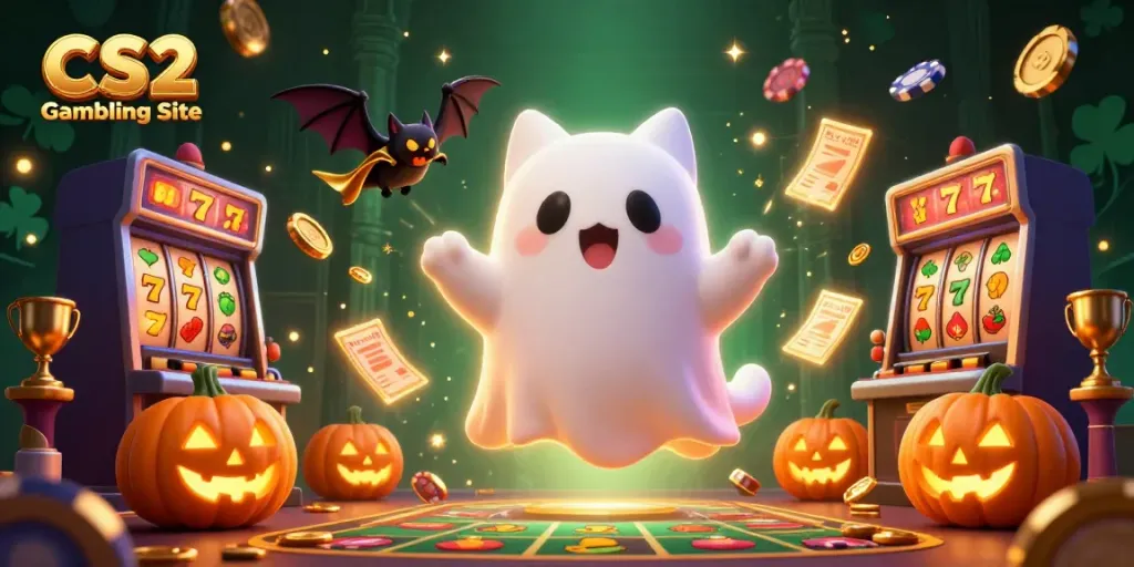 Engage with the CS2 Gambling Site scene featuring a ghost cat and bat in a haunted casino.