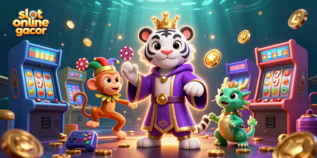 Experience slot online gacor with vibrant characters and gaming elements in a stunning casino scene.
