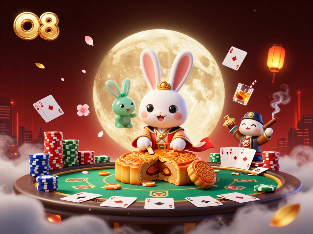 O8 moon rabbit plays poker with vibrant casino elements and dynamic characters in 3D.