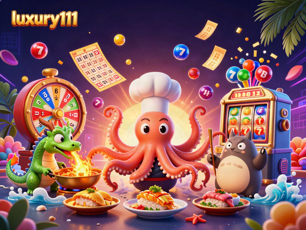 Experience luxury111 as the sushi chef octopus creates golden dishes in a vibrant casino scene.