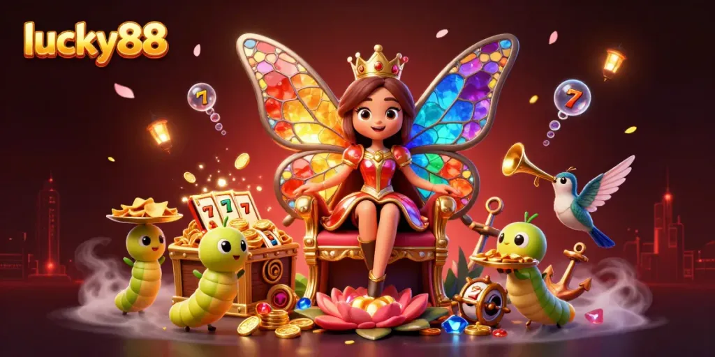Engage with the dynamic world of lucky88 in this vivid illustration showcasing a butterfly queen amidst casino symbols and treasures.