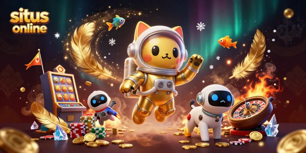 Experience thrilling situs game online action with a vibrant 3D casino illustration featuring an astronaut cat and robot dog.