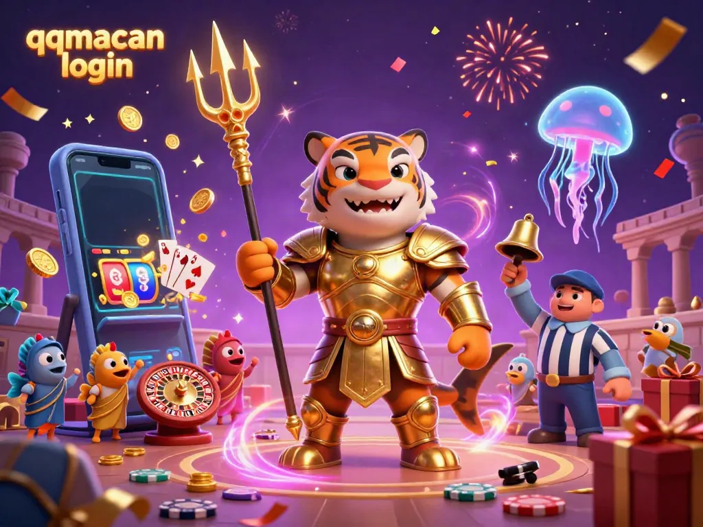 Experience the thrill of qqmacan login with a dynamic underwater casino scene featuring a tiger shark in gladiator armor.