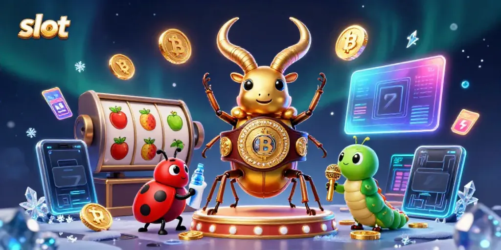 Memenangkan slot dengan simbol buah dan angka keberuntungan dikelilingi oleh karakter unik.