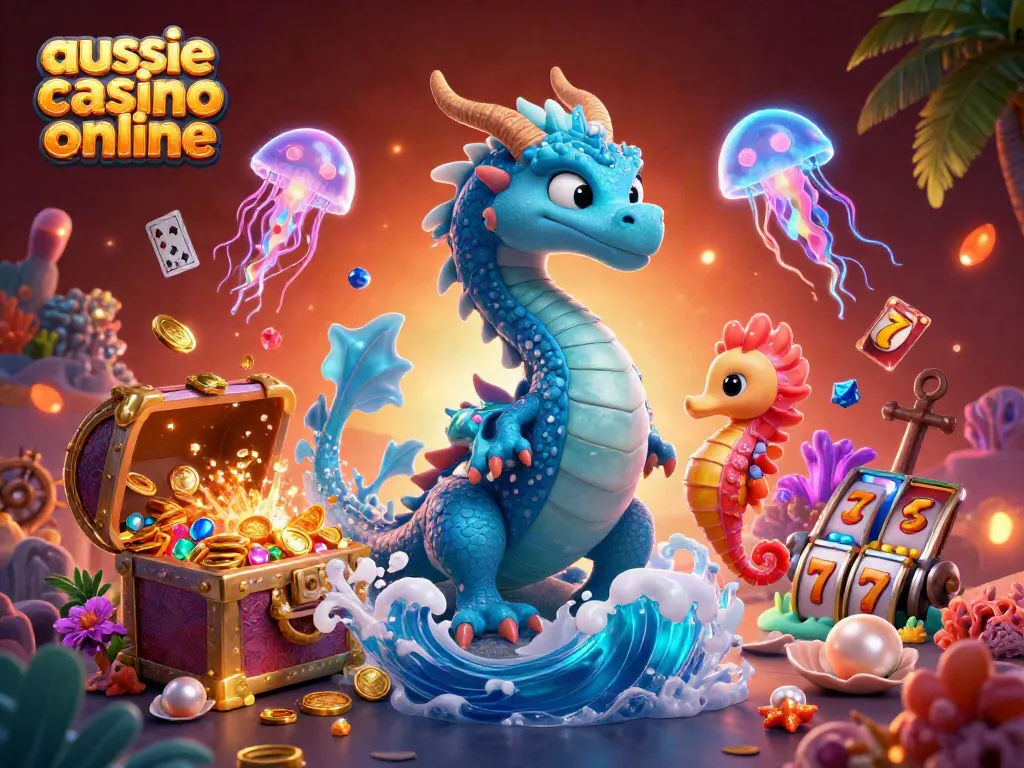 Experience the vibrant world of Aussie casino online with a thrilling underwater scene showcasing a dragon, seahorse knight, and treasure.
