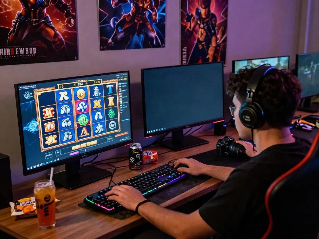 Player immersed in an online slot game on a colorful screen, showcasing akunjp.