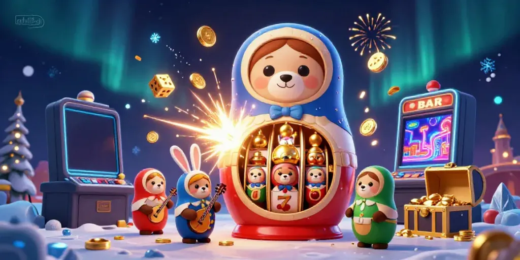 Simulasi kasino Mahjong yang meriah dengan beruang Matryoshka dan mesin slot yang penuh koin.