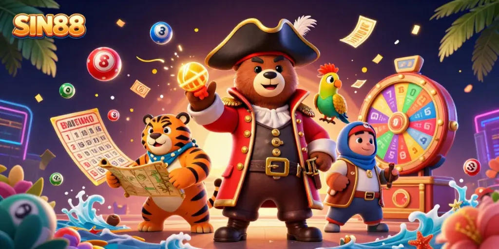SIN88 brings excitement alive in a vibrant and dynamic 3D casino illustration with rich elements of luck and fun.