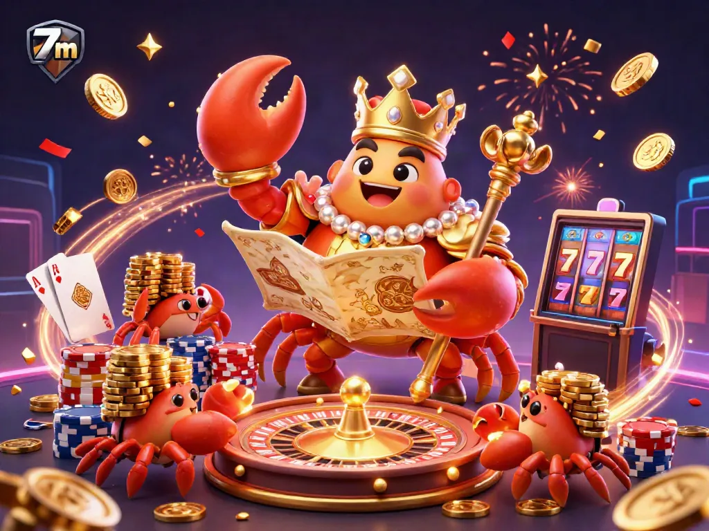Engage with thrilling game actions in 7m's vibrant casino universe, featuring a golden crab emperor and treasure elements.