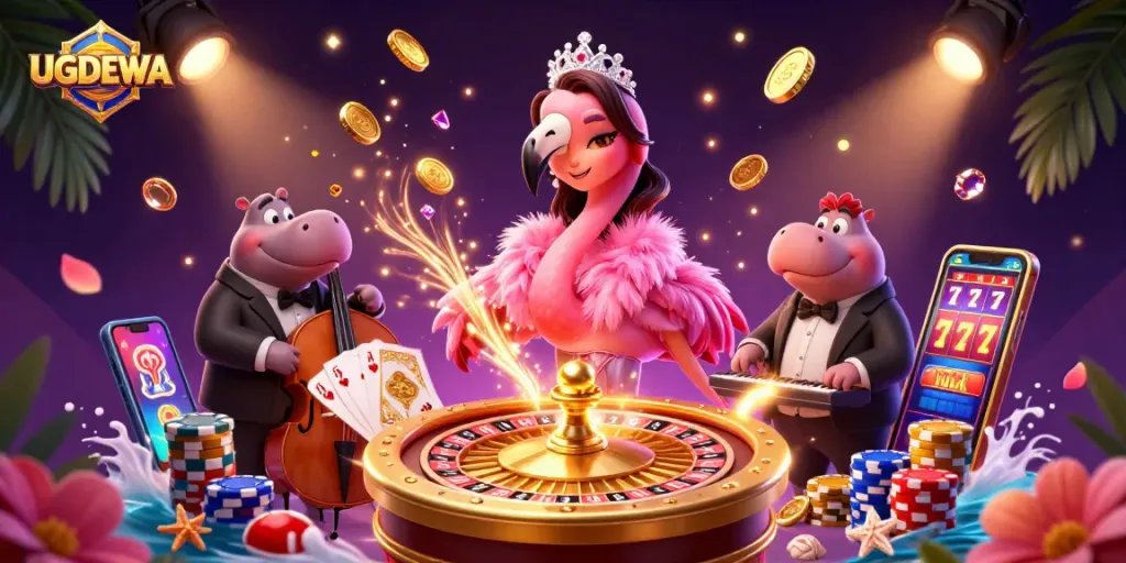 Engage with UGDEWA's vibrant casino scene featuring lively characters and dynamic gambling action.