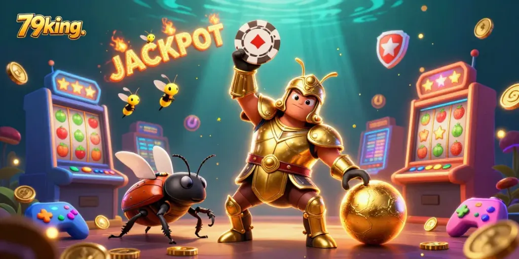 Engage with 79king. as a victorious beetle lifts a poker chip in a lively slot-themed casino scene.