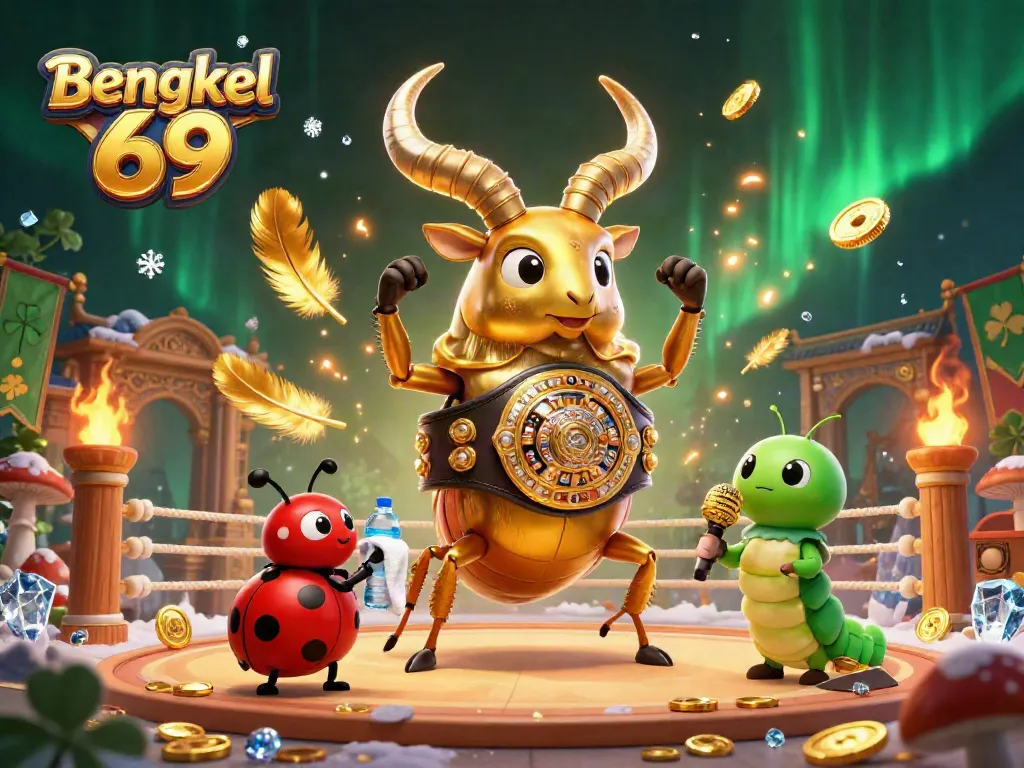 Engage with Bengkel 69 through an exciting 3D illustration of a golden stag beetle boxing champion, in a vibrant casino atmosphere.