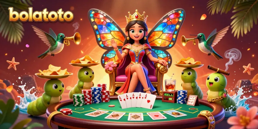 Experience bolatoto action with a vibrant, colorful illustration showcasing a butterfly queen, poker elements, and dynamic betting excitement.
