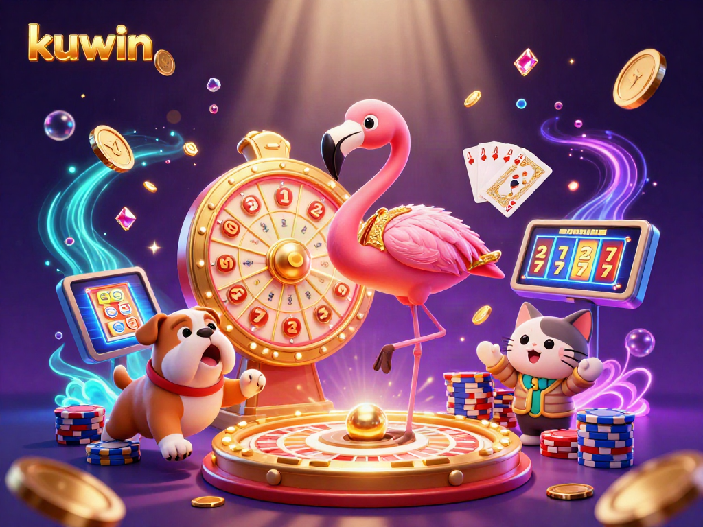 Kuwin spins the giant prize wheel while a bulldog contestant celebrates amid cascading golden coins in this vibrant casino scene.