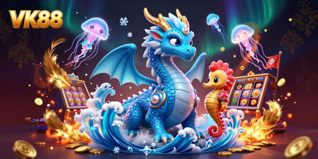 Engage with VK88's vibrant casino universe in a dynamic 3D digital fantasy scene.