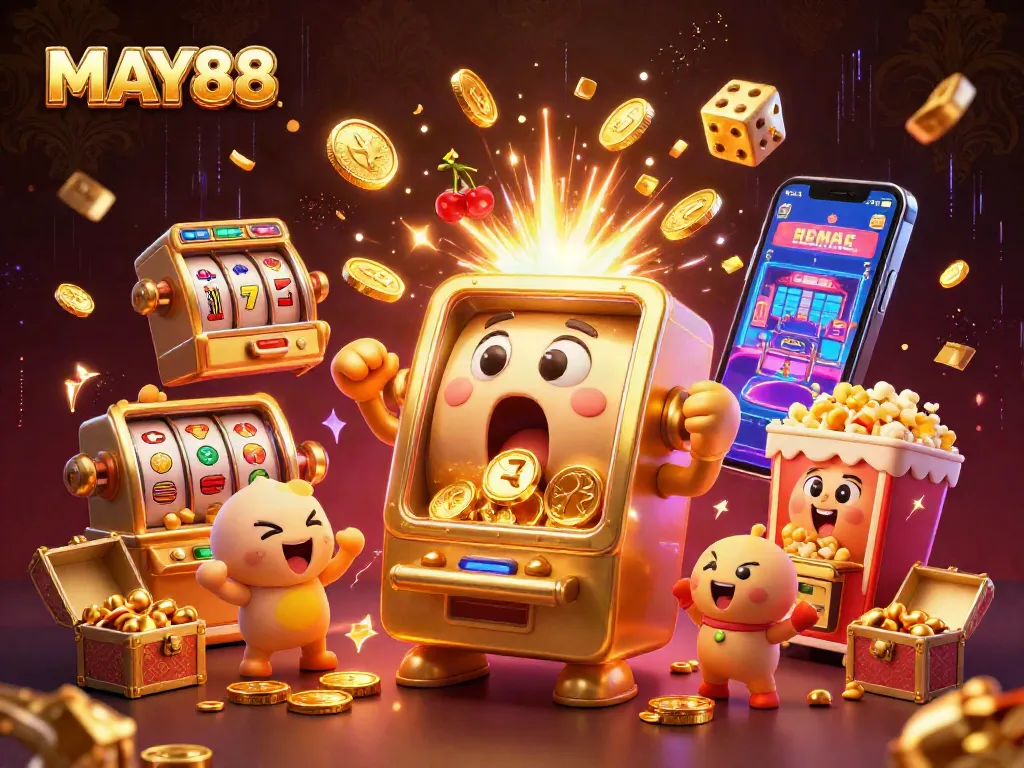 MAY88 showcases a cartoon slot machine hitting a jackpot, surrounded by cheering machines and energetic casino elements.