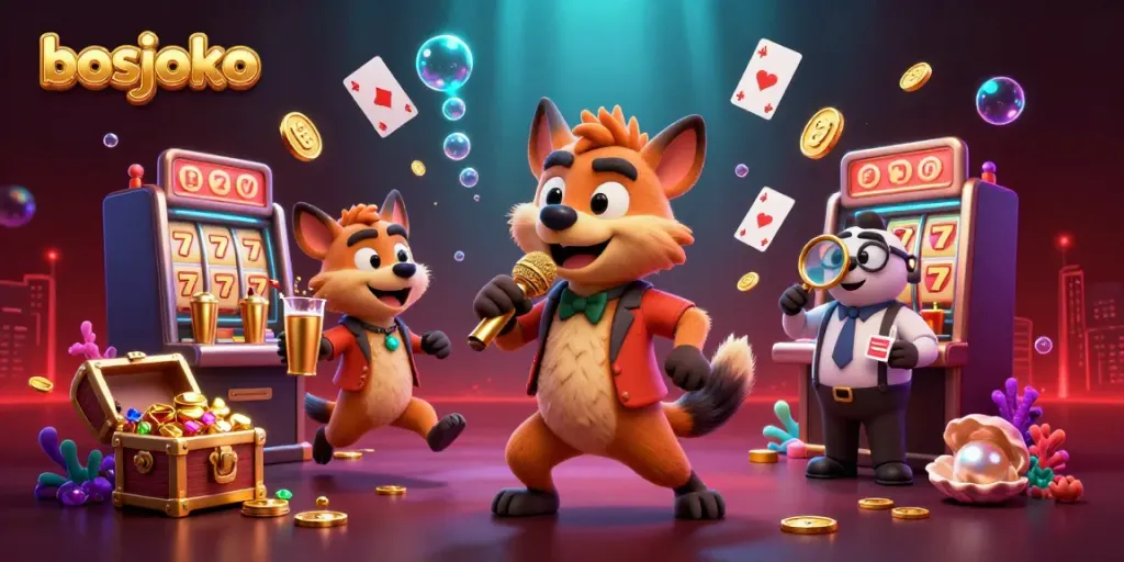 Experience the vibrant world of bosjoko with hyenas bringing laughter in a lively casino scene filled with slot machines and treasures.